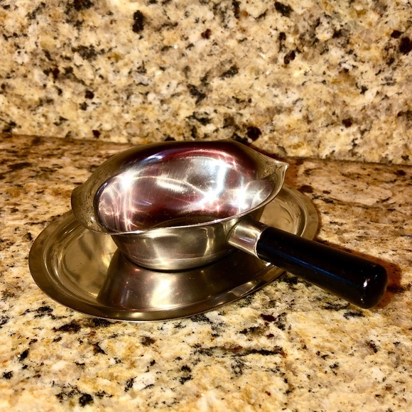 MID CENTURY MODERN Stainless Steel Gravy Boat with Black Wood Handle Vintage - Picture 1 of 16